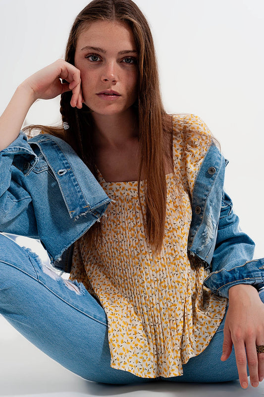 Puff sleeve top with square neck in yellow floral print | Just Cool Beans — shirts | tops