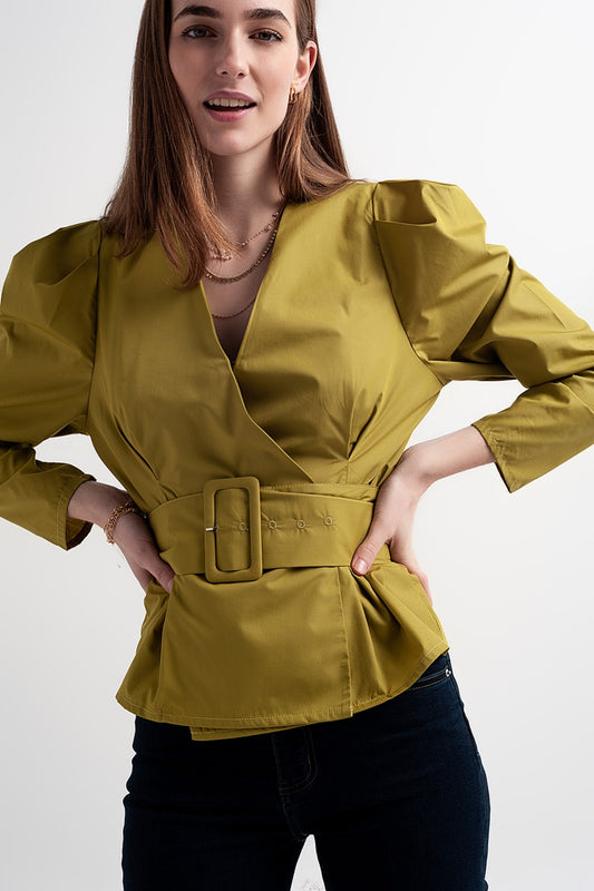 Puff sleeve wrap front top with belt detail in green | Just Cool Beans — shirts | tops