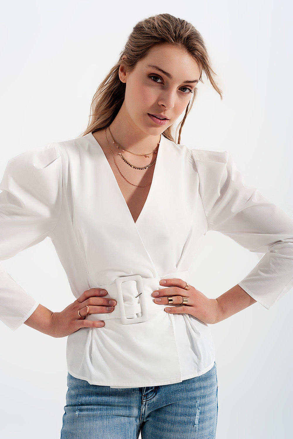 Puff sleeve wrap front top with belt detail in white | Just Cool Beans — shirts | tops