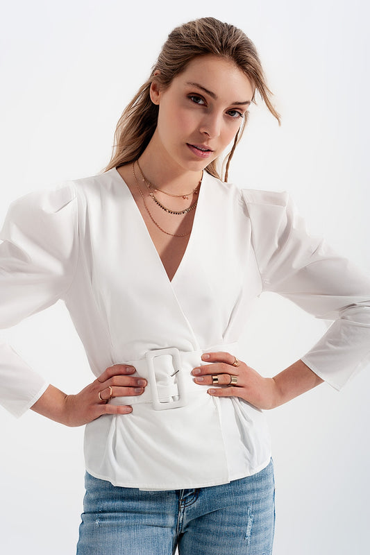 Puff sleeve wrap front top with belt detail in white | Just Cool Beans — shirts | tops
