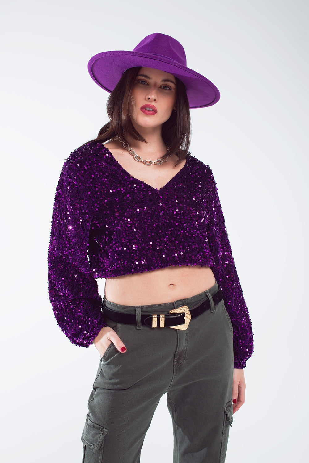 Purple sequin top with v-neckline ballon sleeves and open back | Just Cool Beans — tops