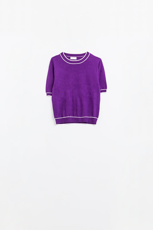 Purple short sleeve sweater with white line detail | Just Cool Beans — sweaters | bottoms