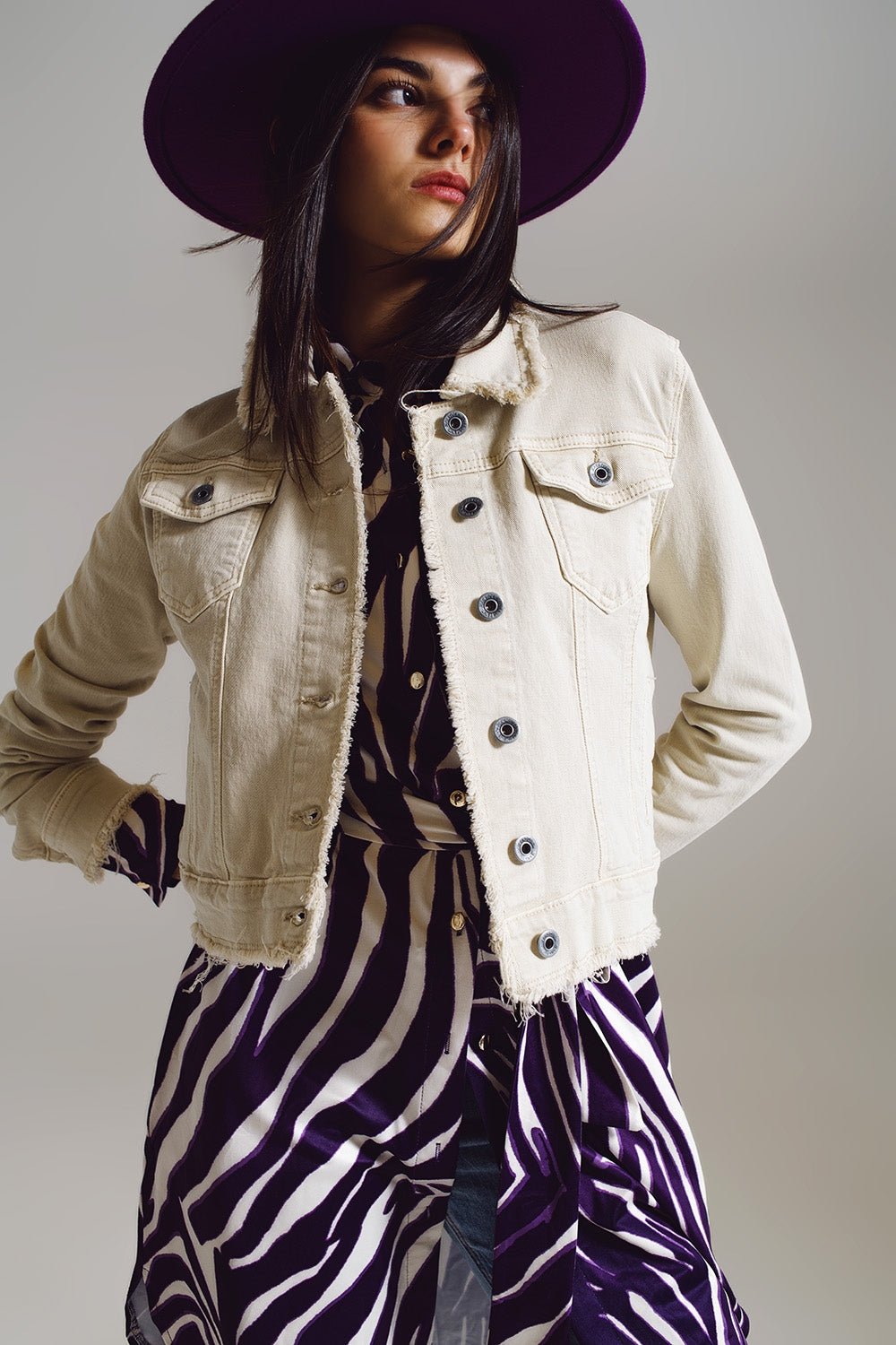 Raw edge denim jacket in beige | Just Cool Beans — coats and jackets | jackets