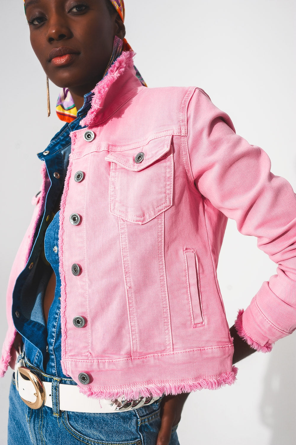 Raw edge denim jacket in pink | Just Cool Beans — coats and jackets | jackets