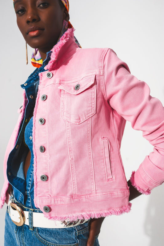 Raw edge denim jacket in pink | Just Cool Beans — coats and jackets | jackets