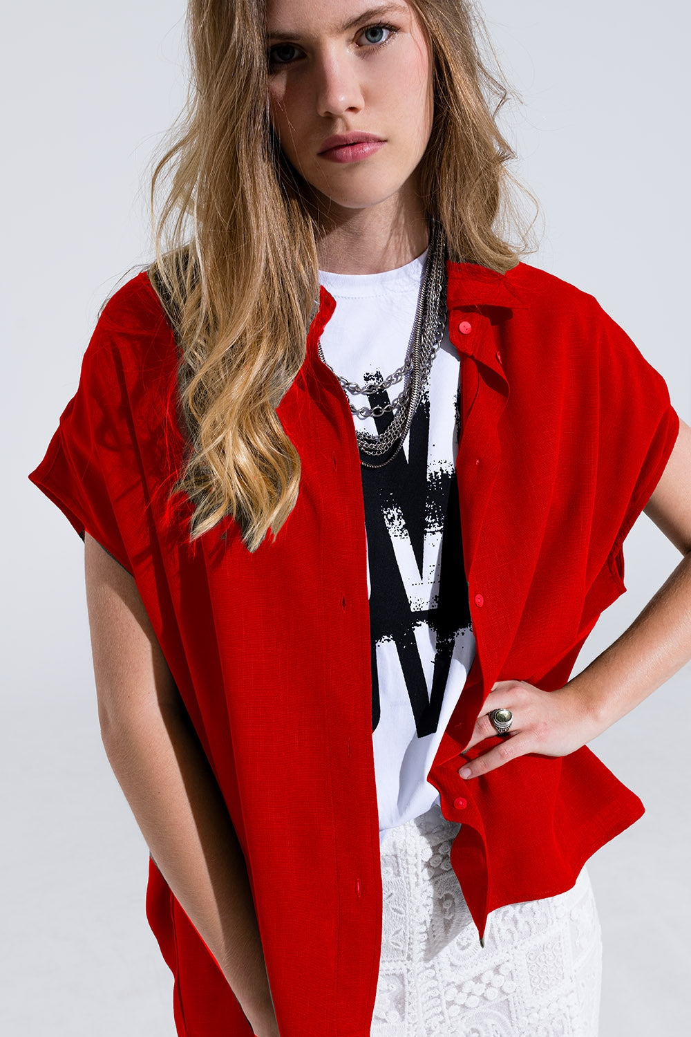 Red button up blouse with polo collar | Just Cool Beans — shirts | tops