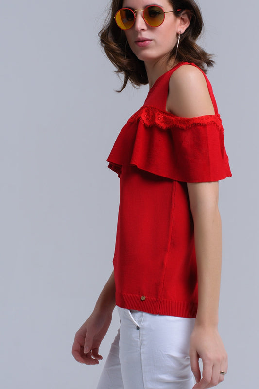 Red cold shoulder sweater with ruffle and lace | Just Cool Beans — sweaters | tops