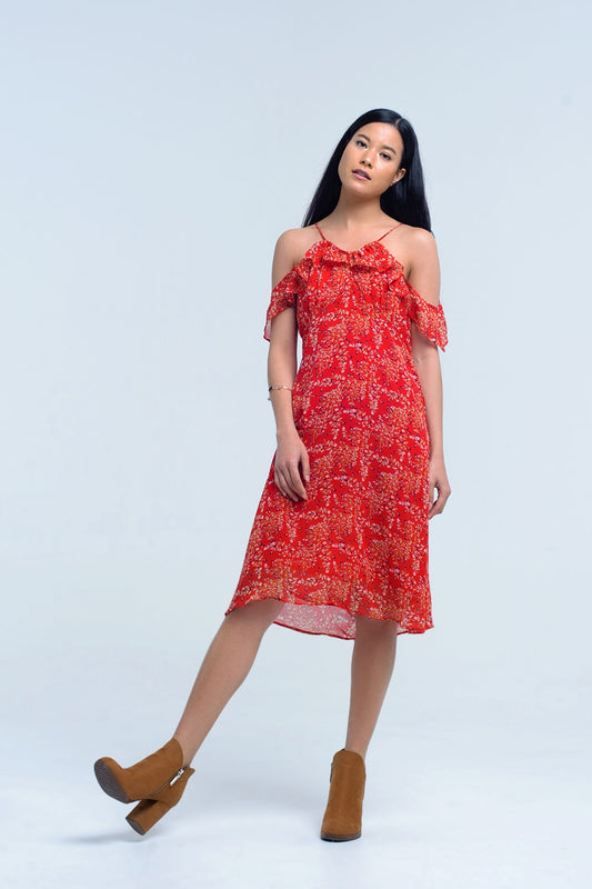 Red dress with printed flowers and ruffles | Just Cool Beans — dresses