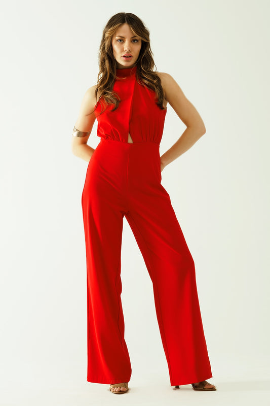 Red jumpuits with top crossed and high collar | Just Cool Beans — dresses