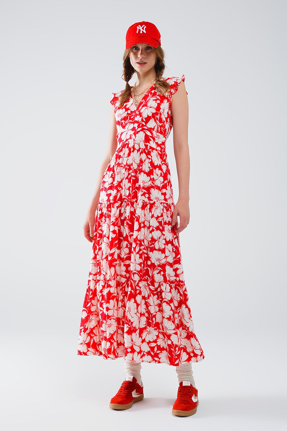 Red maxi dress with floral print and v-neck | Just Cool Beans — dresses