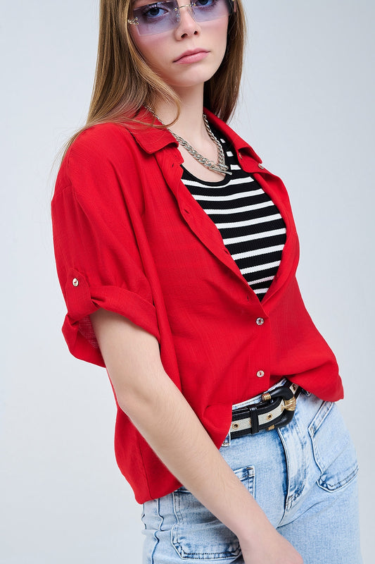 Red shirt with short sleeves and pleat on the sleeve | Just Cool Beans — shirts | bottoms