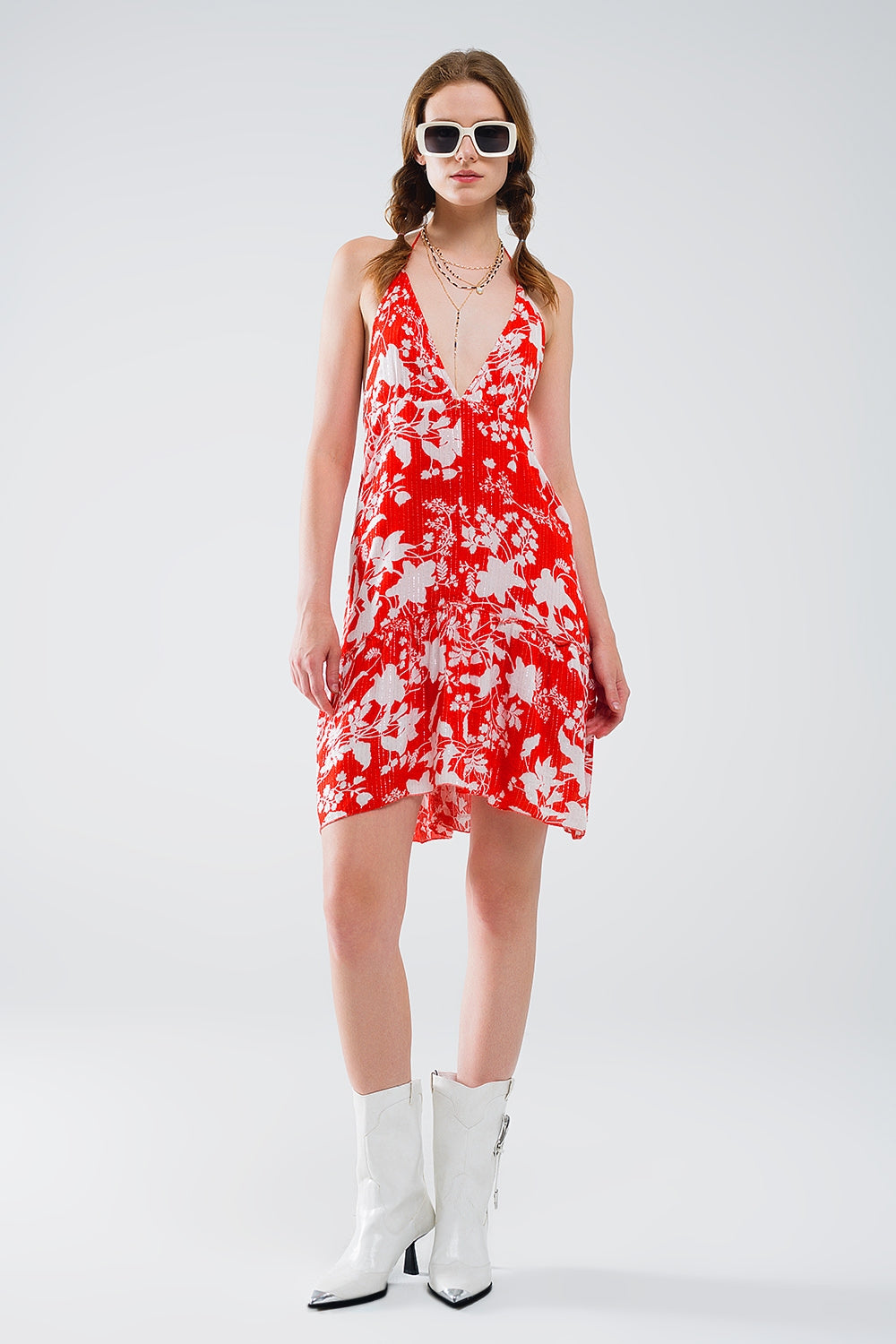 Red short boho flower print dress with lurex detail | Just Cool Beans — dresses | bottoms