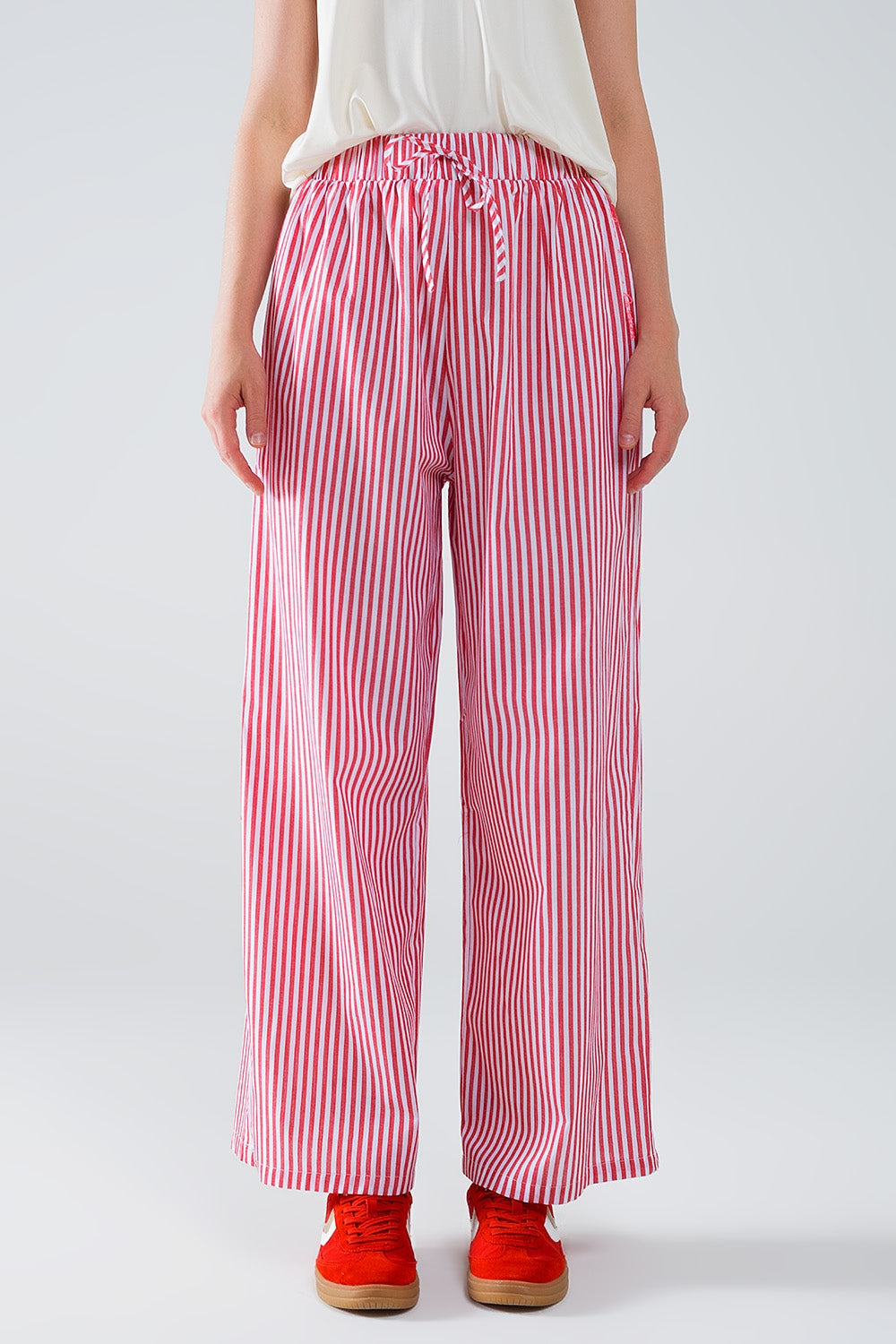 Red Striped Pants with Elastic Waist and Pockets