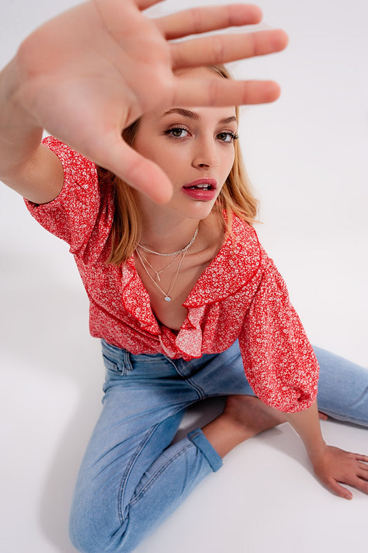 Red wrap top in clustered flower print | Just Cool Beans — shirts | tops
