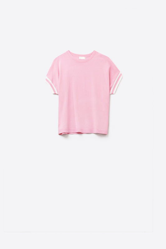 Relafed fit sweater in pink with white contrast detail | Just Cool Beans — sweaters | tops