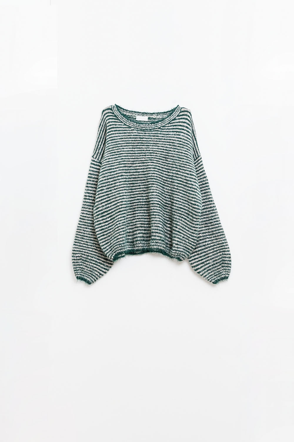 Relaxed bat-wing stripey sweater in green and white cozy knit | Just Cool Beans — sweaters | tops