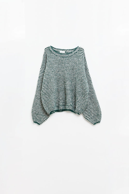 Relaxed bat-wing stripey sweater in green and white cozy knit | Just Cool Beans — sweaters | tops