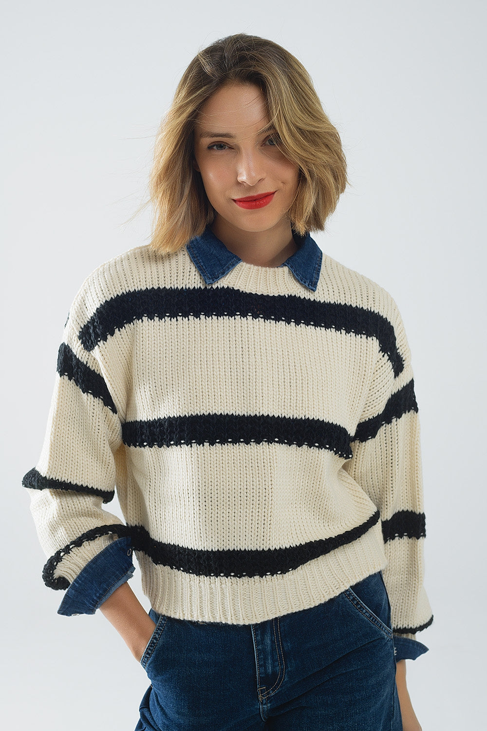 Relaxed beige jumper with black stripes | Just Cool Beans — sweaters | tops