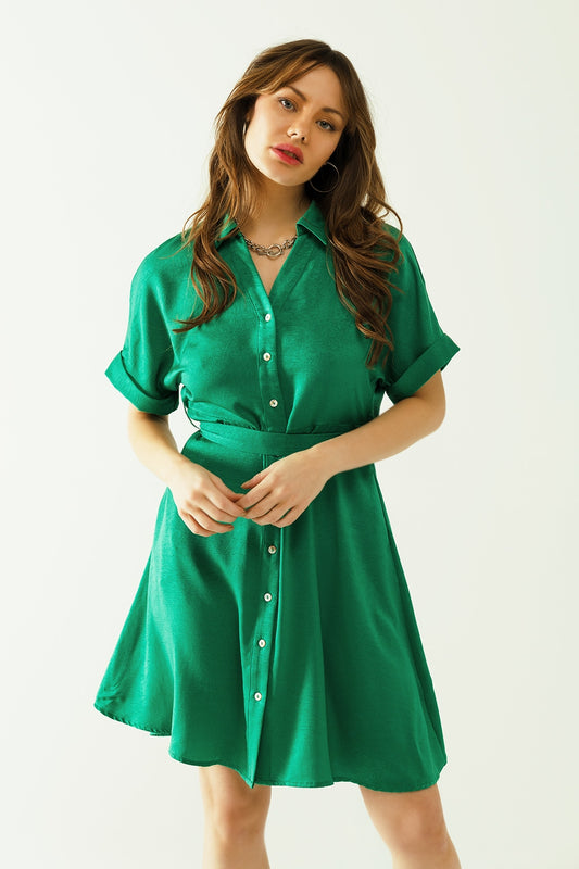 Relaxed belted mini dress with button placked down the front in green | Just Cool Beans — dresses