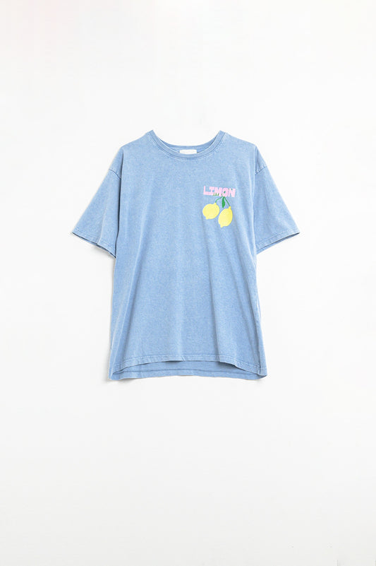 Relaxed blue t-shirt with lemon print | Just Cool Beans — tops