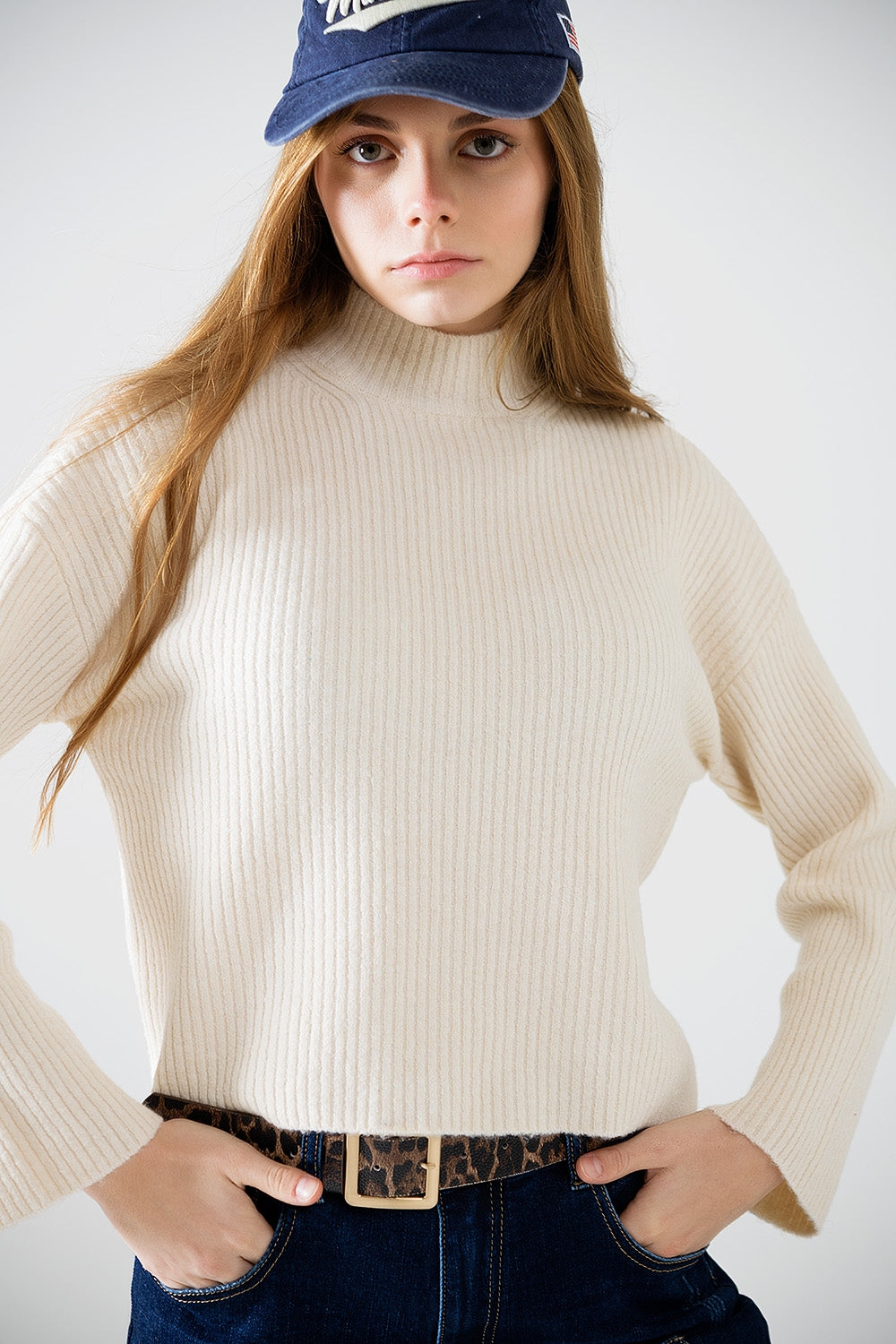 Relaxed cream ribbed high neck sweater | Just Cool Beans — sweaters | tops