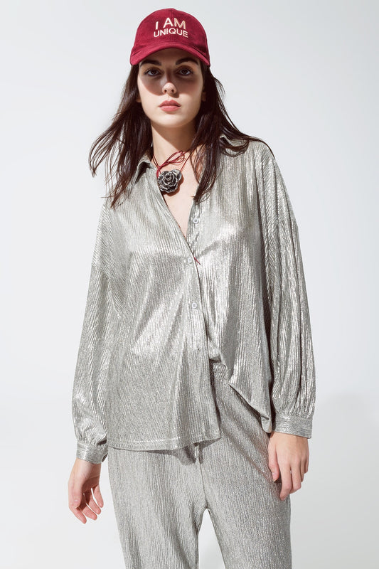 Relaxed fit button down shirt with balloon sleeves in silver | Just Cool Beans — shirts | relaxed fit | nan