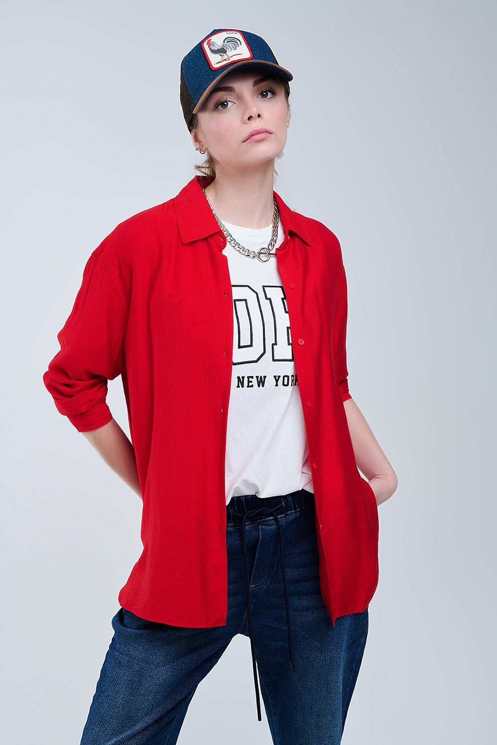 Relaxed fit red shirt 3/4 sleeves and high low hem | Just Cool Beans — shirts | relaxed fit | nan
