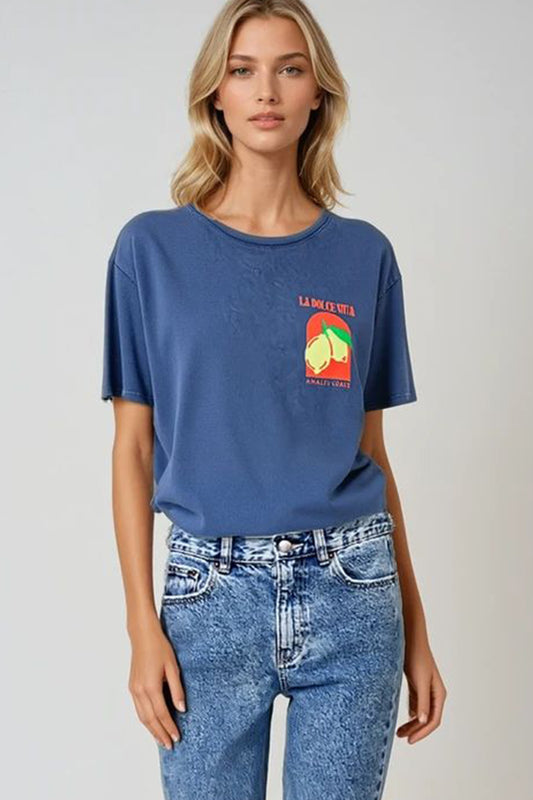 Relaxed fit t-shirt with la dolce vita print in navy blue | Just Cool Beans — tops | relaxed fit