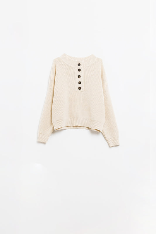 Relaxed half-button sweater in cream | Just Cool Beans — sweaters | tops