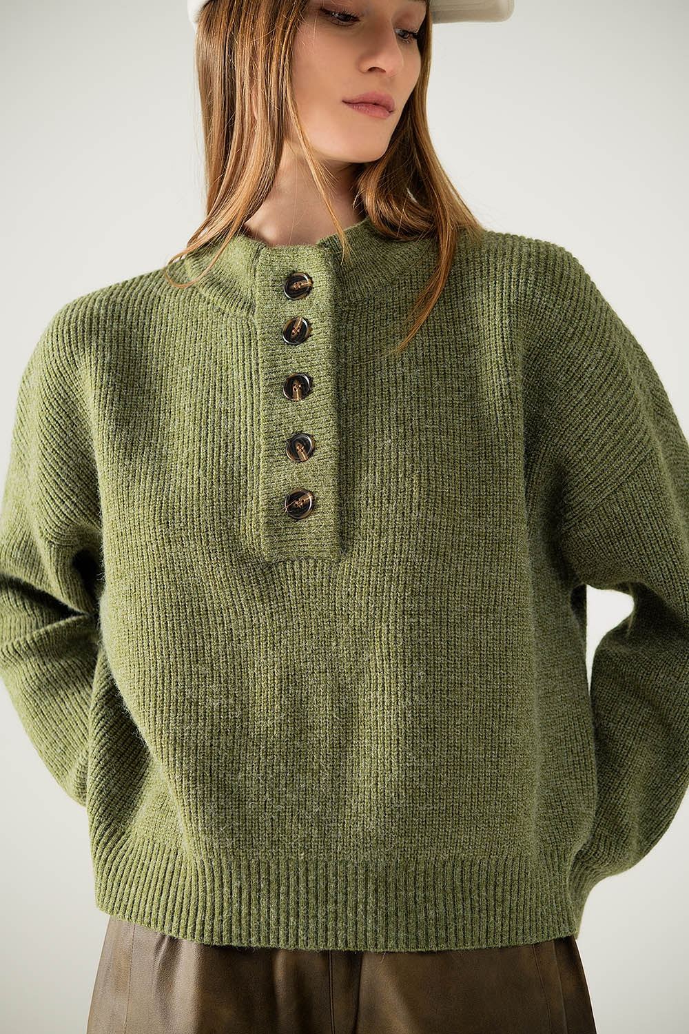 Relaxed half-button sweater in green | Just Cool Beans — sweaters | tops