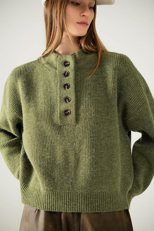 Relaxed half-button sweater in green | Just Cool Beans — sweaters | tops