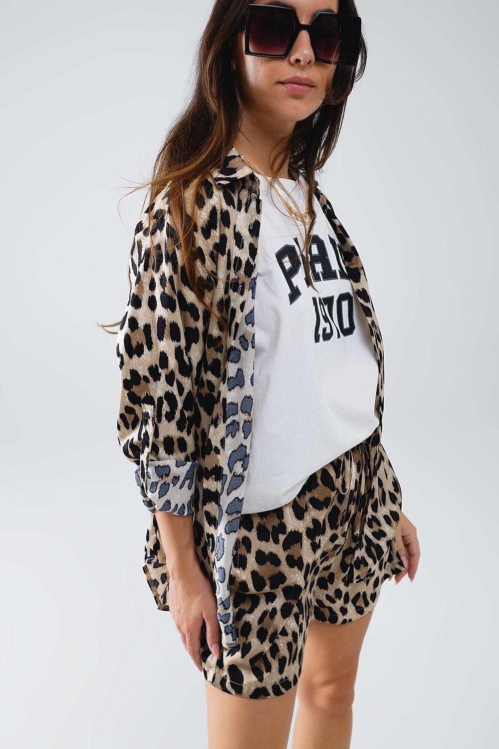 Relaxed leopard print high-low shirt with long sleeves | Just Cool Beans — shirts | nan