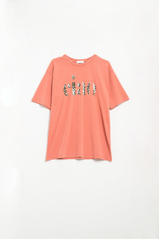 Relaxed orange t-shirt with ciao in leopard print | Just Cool Beans — tops