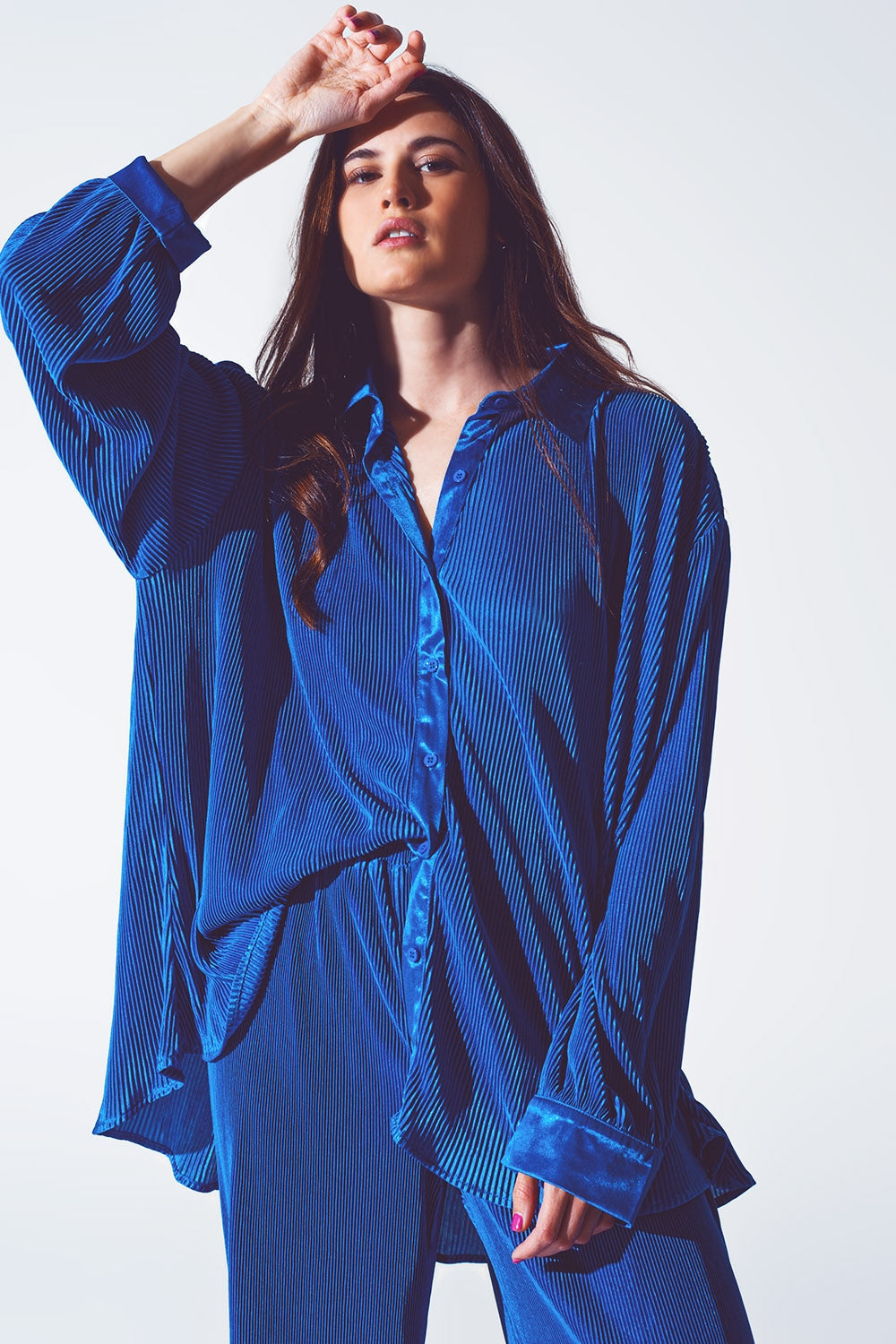 Relaxed pleated satin shirt in blue | Just Cool Beans — shirts | nan