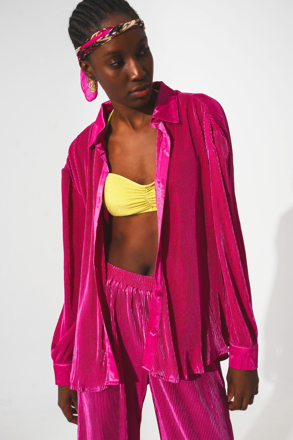 Relaxed pleated satin shirt in fuchsia | Just Cool Beans — shirts | nan