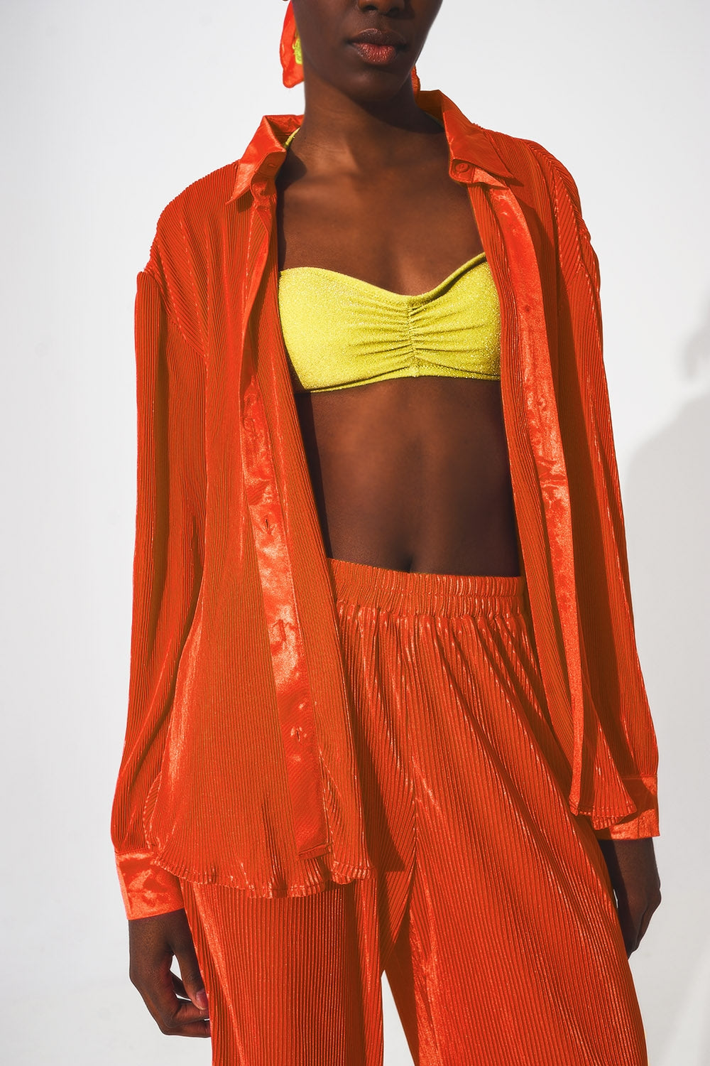 Relaxed pleated satin shirt in orange | Just Cool Beans — shirts | nan