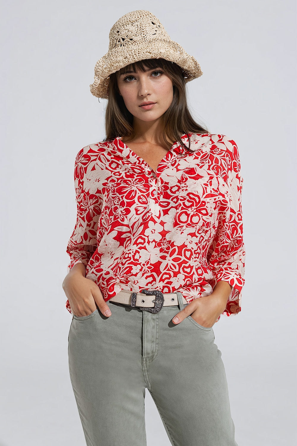 Relaxed red floral print blouse with bell sleeves | Just Cool Beans — shirts | tops