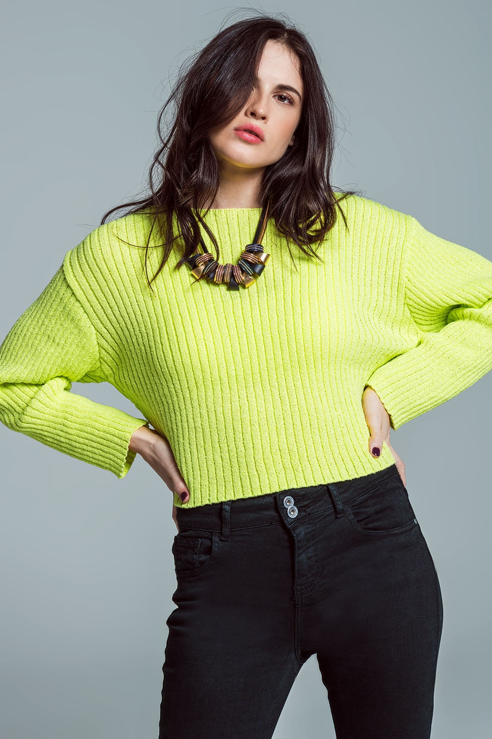 Relaxed ribbed boat neck sweater in lime green | Just Cool Beans — sweaters | tops