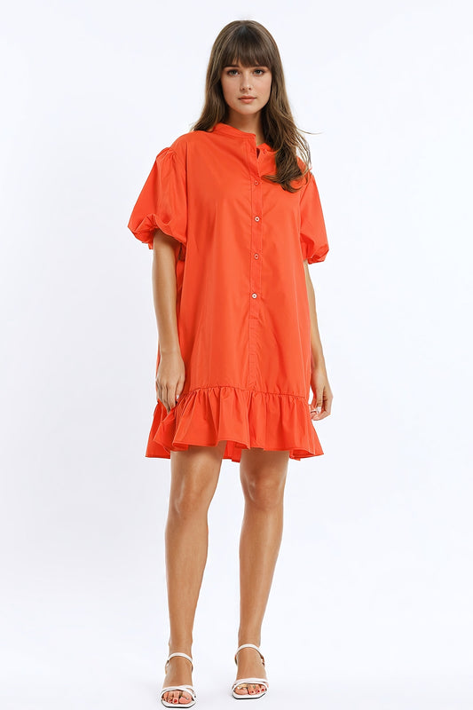 Relaxed shirt dress with balloon short sleeves and ruffle in orange | Just Cool Beans — dresses | bottoms