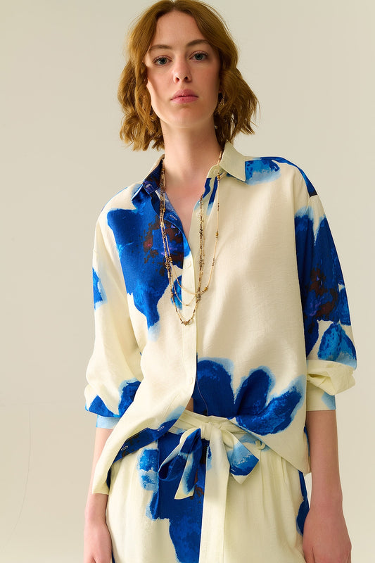 Relaxed shirt in white with blue tropical flower print | Just Cool Beans — shirts | nan