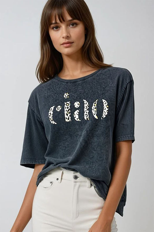 Relaxed stonewashed black t-shirt with ciao in leopard print | Just Cool Beans — tops