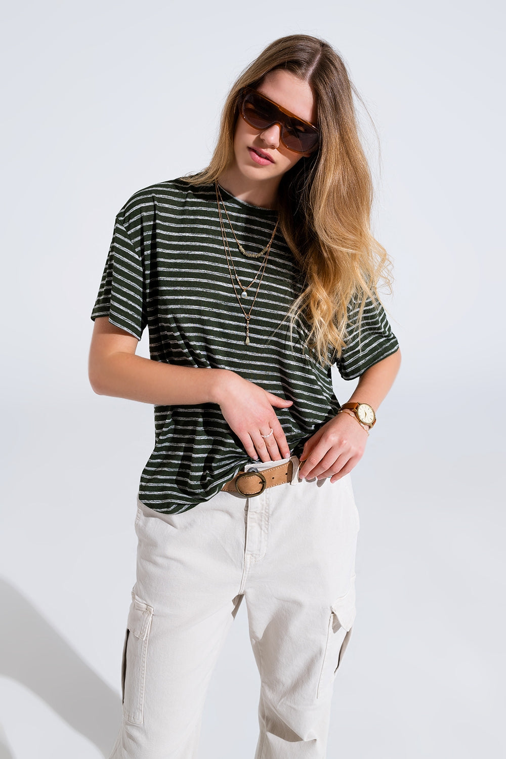 Relaxed striped t-shirt with crew neckline in khaki | Just Cool Beans — tops