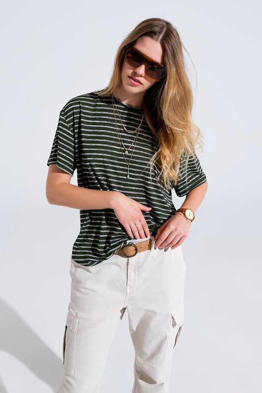 Relaxed striped t-shirt with crew neckline in khaki | Just Cool Beans — tops