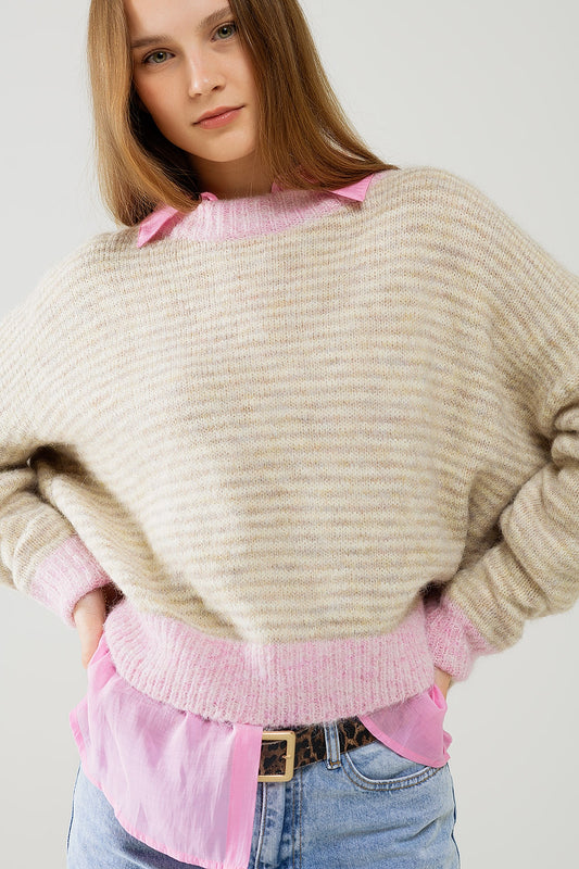 Relaxed stripey sweater in beige with pink details | Just Cool Beans — sweaters | tops