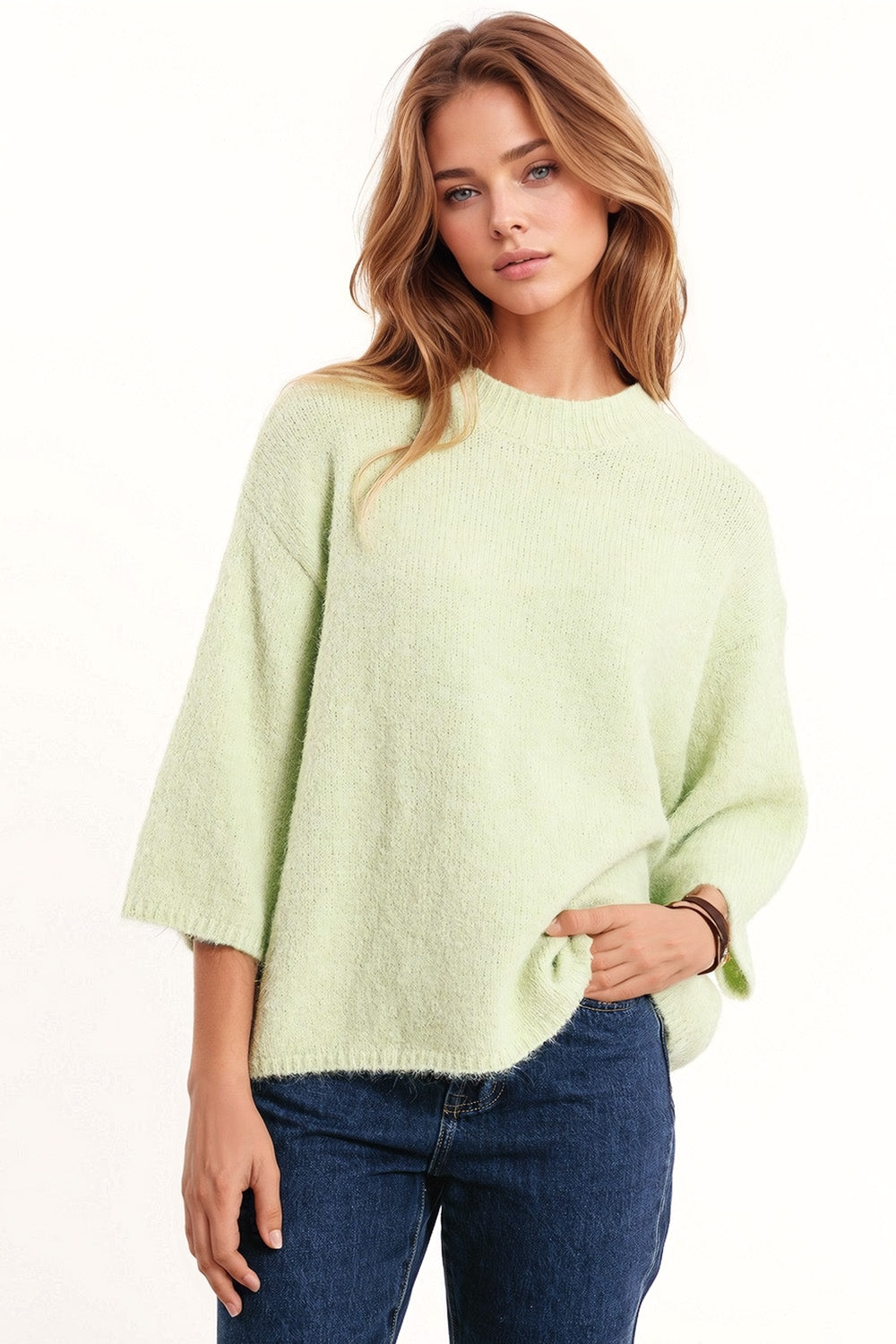 Relaxed sweater with 3/4 sleeve and crew neck in green | Just Cool Beans — sweaters | tops