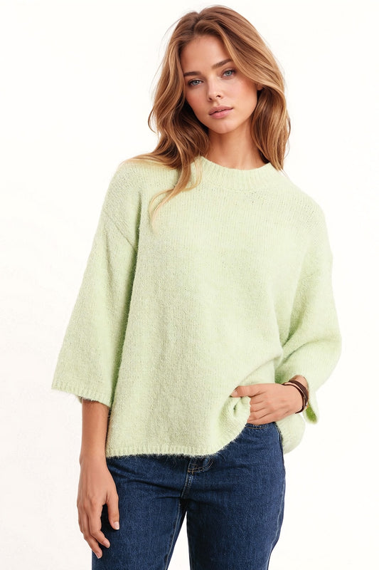 Relaxed sweater with 3/4 sleeve and crew neck in green | Just Cool Beans — sweaters | tops