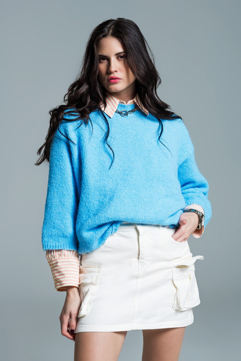 Relaxed sweater with french sleeve and crewneck in blue | Just Cool Beans — sweaters | tops