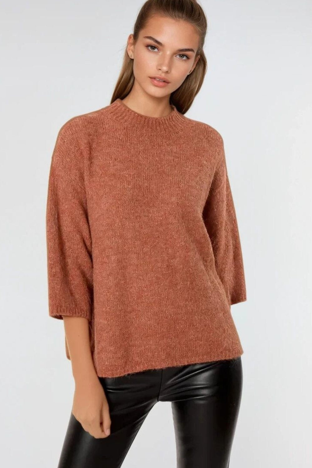 Relaxed sweater with french sleeve and crewneck in camel | Just Cool Beans — sweaters | tops