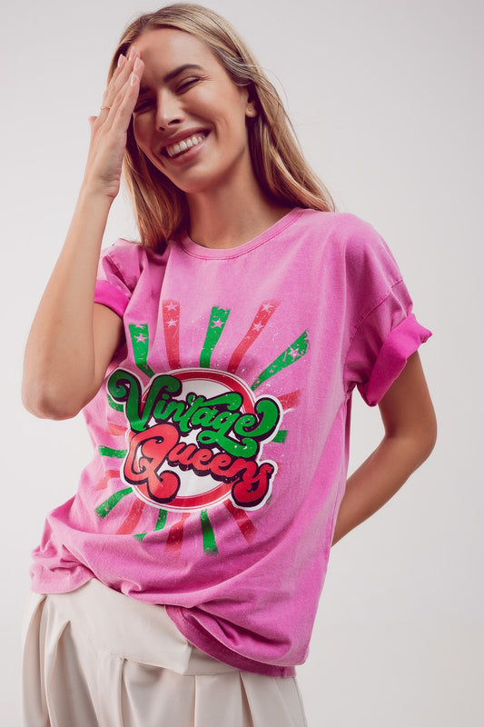 Relaxed t shirt with pink vintage queens graphic print | Just Cool Beans — tops
