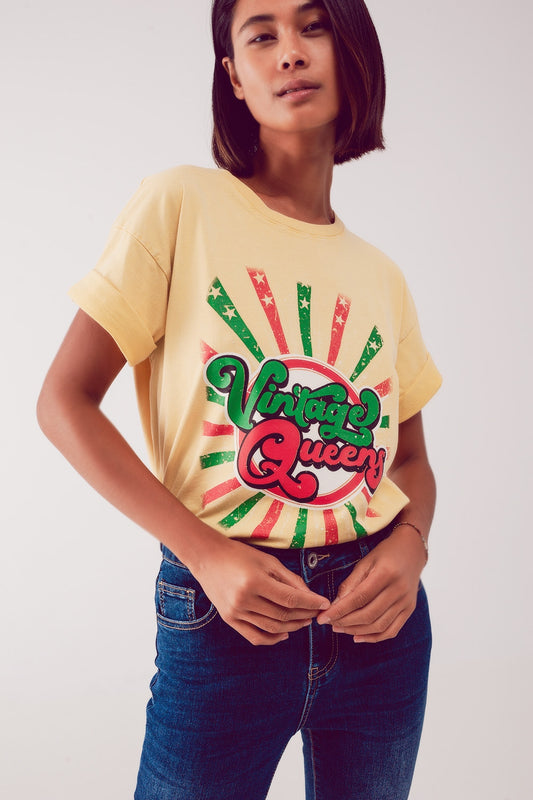 Relaxed t shirt with yellow vintage queens graphic print | Just Cool Beans — tops